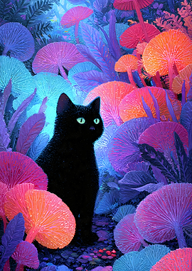 Black Cat in a Colorful Mushroom Forest
