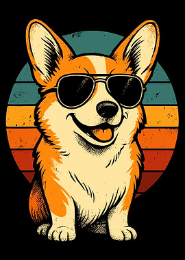 Retro Corgi Poster, Cartoon Dog Wall Art, Sunglasses Corgi Print, Fun Pet Room Decor