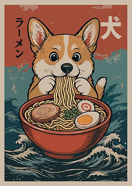 Corgi Ramen Poster, Cute Dog Eating Japanese Noodles Art, Anime Food Wall Print