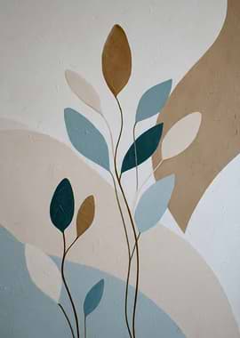 Abstract Floral Painting with Blue Leaves