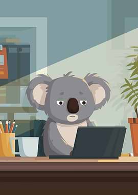 Sad Koala Working on Laptop