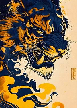 Stylized Tiger Illustration in Blue and Gold