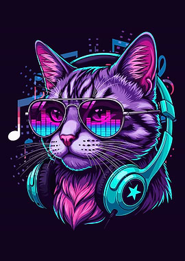 Music Cat Poster, DJ Cat Wall Art, Neon Headphones Illustration Print for Music Lovers