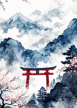 Japanese Landscape with Torii Gate Painting