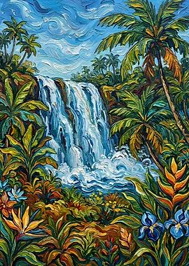 Tropical Waterfall Painting with Lush Vegetation