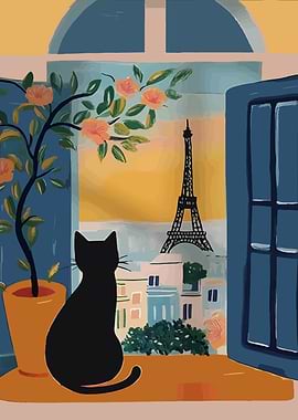 Cat in Paris Window Painting