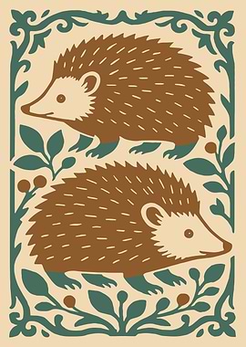 Two Hedgehogs with Floral Border Illustration