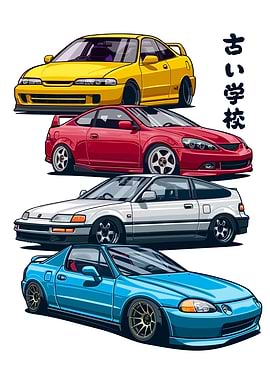 Stacked JDM Cars Illustration