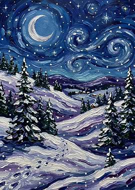 Winter Night Landscape Painting