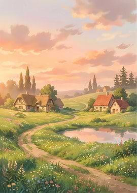 Pastoral Landscape with Cottages and Pond