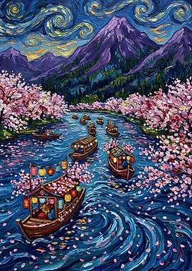 Cherry Blossom River Boats Painting