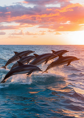 Dolphins leaping at sunset