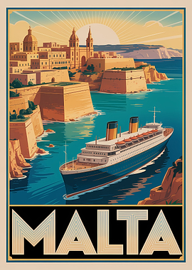 Malta Travel Poster with Cruise Ship