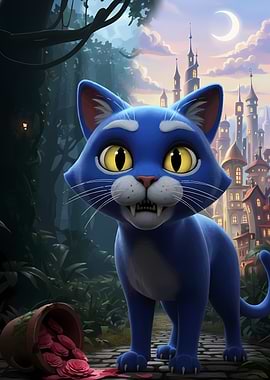 Blue Cartoon Cat in Fantasy Setting