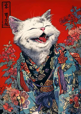 Smiling Cat in Kimono Art