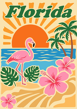 Florida beach scene with flamingo