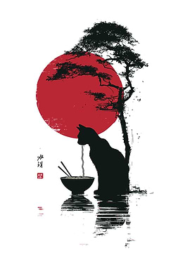 Cat Eating Ramen with Rising Sun