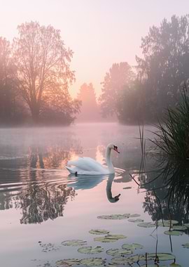 Swan on Misty Lake at Sunrise