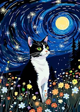 Tuxedo Cat Under Starry Night