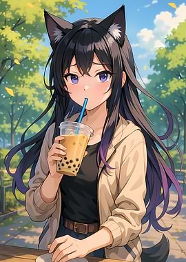 Anime CatGirl Enjoying Boba Tea in a Sunny Park