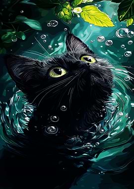 Black Cat in Water Digital Art