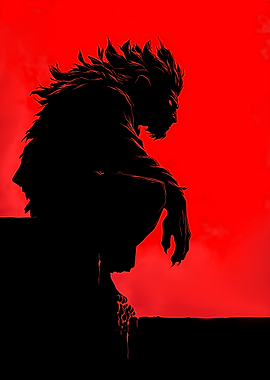 Silhouette of a Crouching Figure on Red