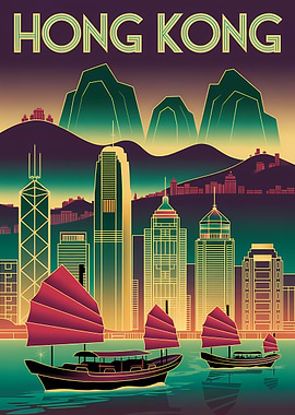 Hong Kong Skyline Art Deco Poster