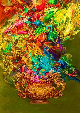 Golden Pot with Colorful Fish