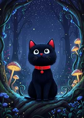 Black Cat in Enchanted Forest