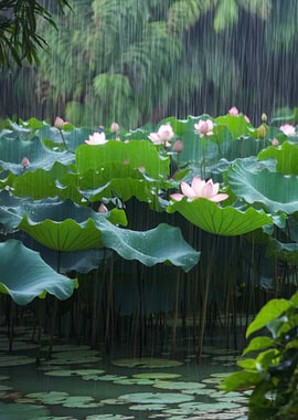 Lotus Flowers in the Rain