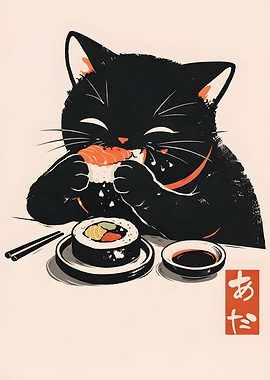 Black Cat Eating Sushi