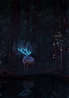 Glowing Antlered Deer in Dark Forest