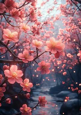 Pink Cherry Blossoms by a Stream