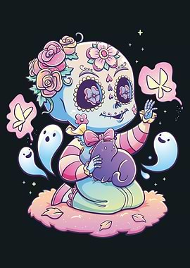 Pastel Goth Sugar Skull Girl with Cat