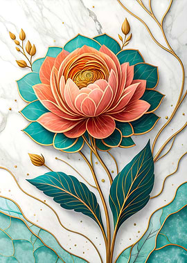 Luxurious Peony Flower Art Gold Accents Marble Background
