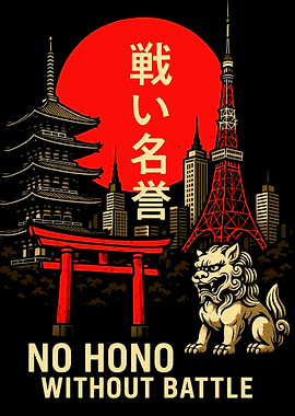 Japanese cityscape with guardian lion statue