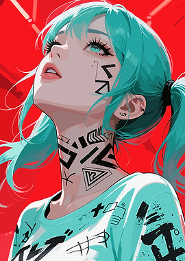 Anime Girl with Tattoos and Teal Hair