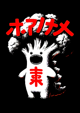 Monster with Japanese Text on Black Background