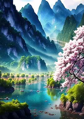 Mountain Lake with Cherry Blossoms