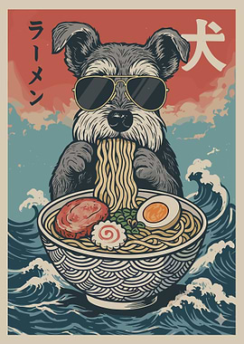 Gray Dog Eating Ramen Poster, Cute Dog Japanese Food Art, Anime-Inspired Wall Print