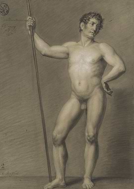Nude Male Figure with Staff Drawing
