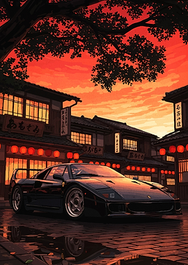 Black Ferrari F40 in Japanese Town