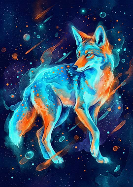 Cosmic Coyote Watercolor Art