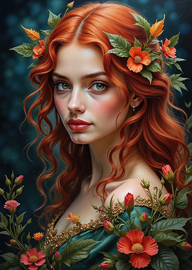 Red-haired woman with floral adornments portrait