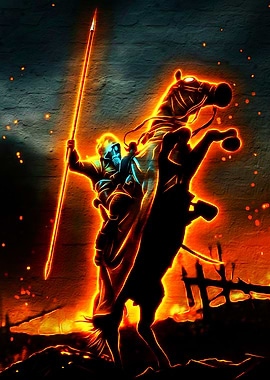 Equestrian Warrior with Spear in Fiery Landscape