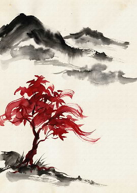 Japanese Ink Painting: Red Tree Landscape