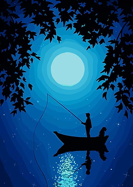 Night Fishing with Dog Under Moonlight
