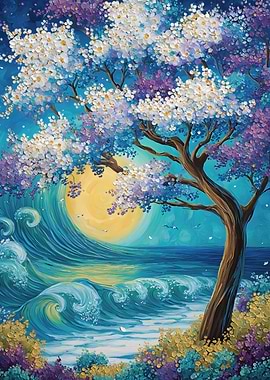 Ocean Tree Painting with Moon