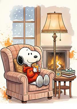Snoopy Relaxing by the Fireplace