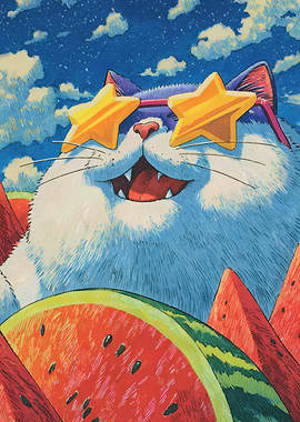 Cool Cat with Star Sunglasses and Watermelons